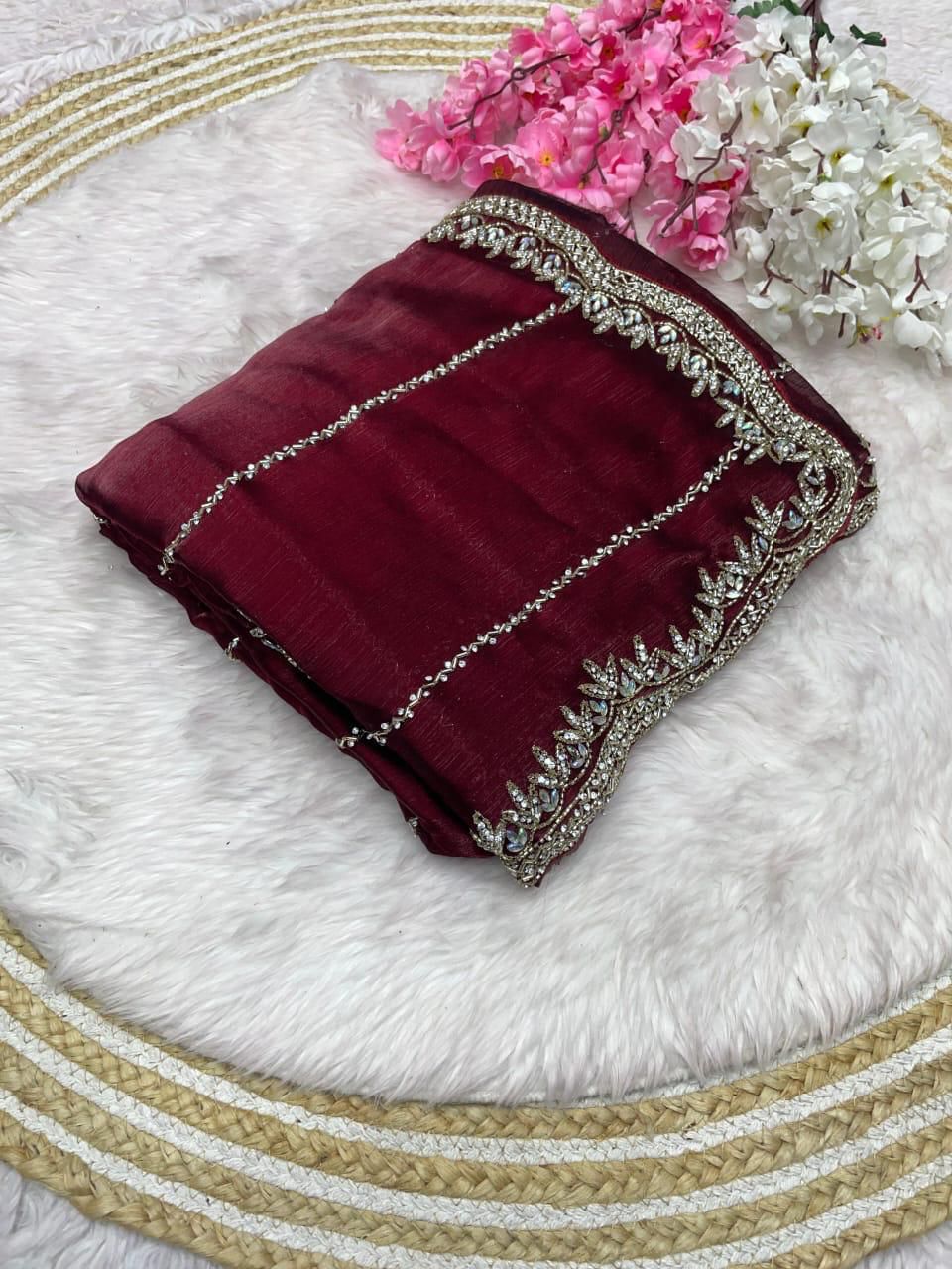 Designer Zimmy Choo Saree with Khatli Cut Dana & Diamond Handwork silk
